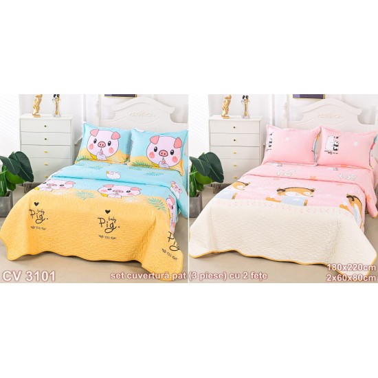 Cuvertura pat 3 piese cu doua fețe 180x220cm (cod CV3101)