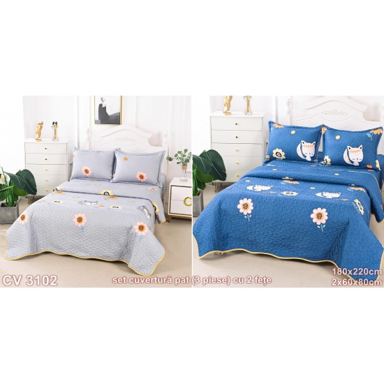 Cuvertura pat 3 piese cu doua fețe 180x220cm (cod CV3102)