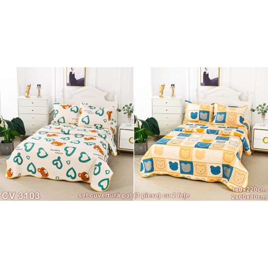 Cuvertura pat 3 piese cu doua fețe 180x220cm (cod CV3103)