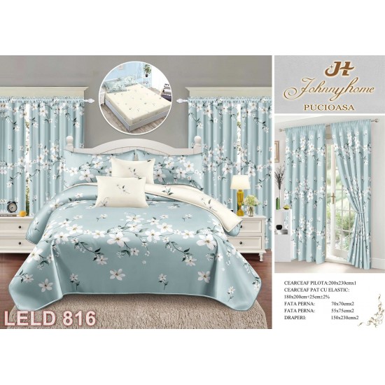 Set Lenjerie cu elastic + Draperii finet 8 piese (cod LELD816)